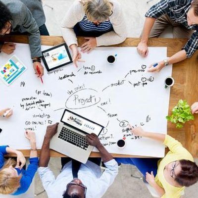 business people brainstorming content marketing ideas in a modern office