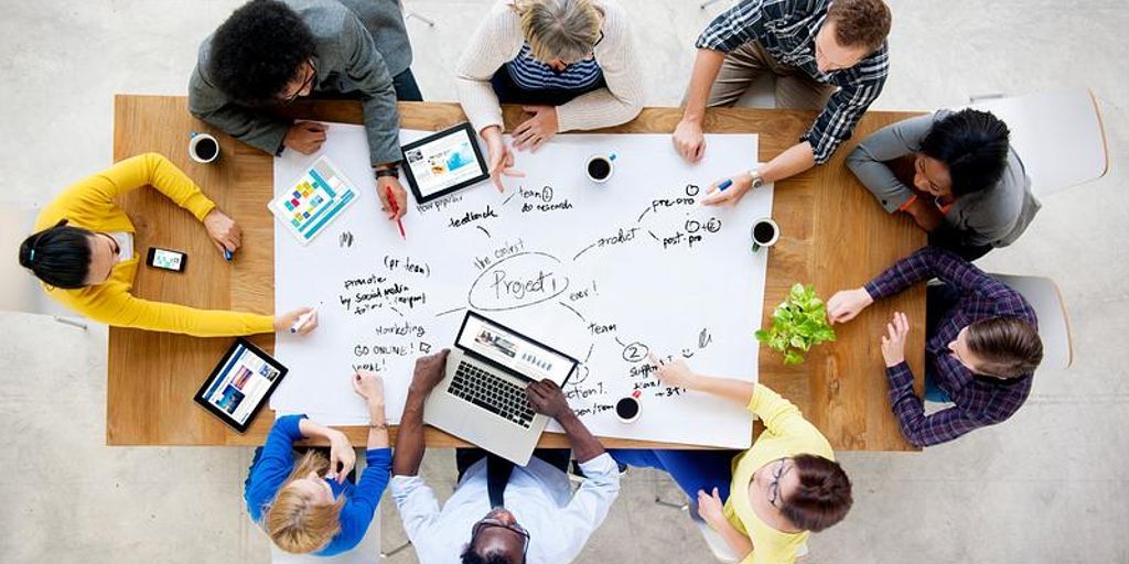 business people brainstorming content marketing ideas in a modern office