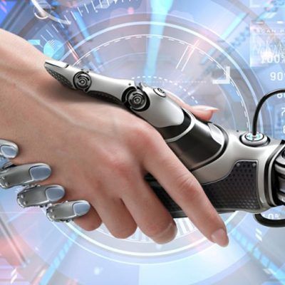 futuristic technology and human interaction, AI robots and humans working together, advanced artificial intelligence in modern city setting