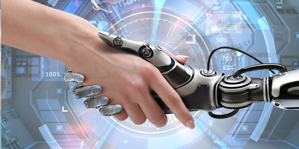 futuristic technology and human interaction, AI robots and humans working together, advanced artificial intelligence in modern city setting