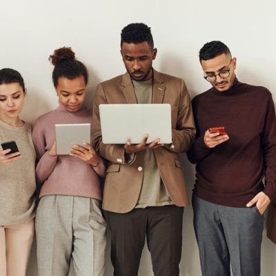 diverse people using different devices and shopping in various locations