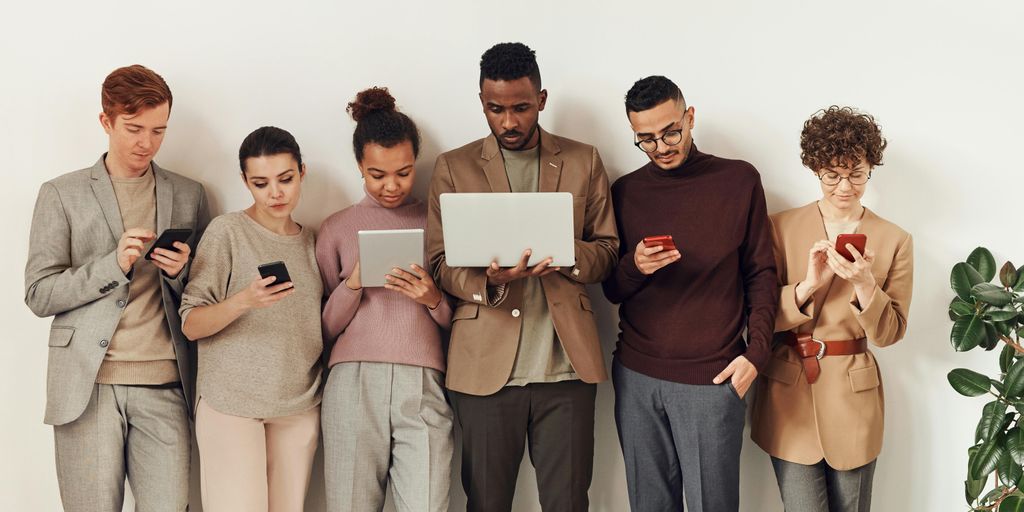 diverse people using different devices and shopping in various locations